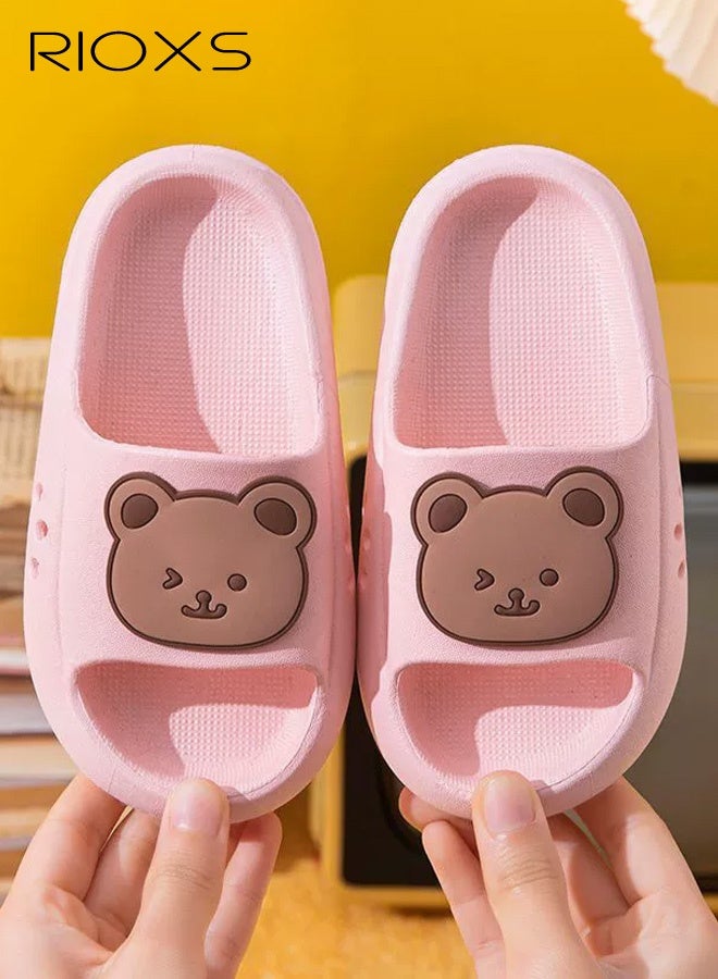RIOXS Kids Cartoon Slippers, Lightweight EVA Platform Animal Bear Slides Sandals for Toddler Boys and Girls, Non-slip Quick-Dry Slip-on Shower Slippers, Comfortable Thick Sole Open Toe Pillow Slippers, Summer Beach Pool Shoes, Suitable for Travel, Holidays, Beaches, Swimming Pools, etc. Pink - Image 1